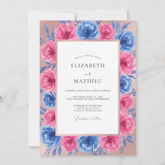 Fuchsienblaue Pfingstrosen-Hochzeit Einladung (Vorderseite)