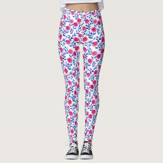 Fuchsienfarbene rosa Blumen Aquarell Floral Stylis Leggings (Vorderseite)