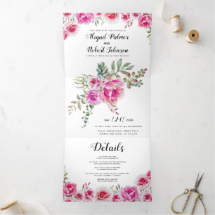 Fuchsienrosa Blume Hochzeit Dreifach Gefaltete Einladung