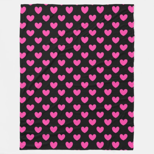 Fuchsienrosa Polka-Herzen auf schwarz Fleecedecke (Vorderseite)