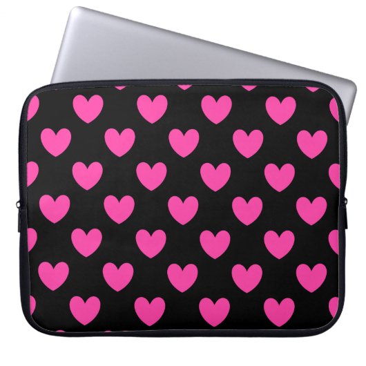 Fuchsienrosa Polka-Herzen auf schwarz Laptopschutzhülle (Vorderseite)