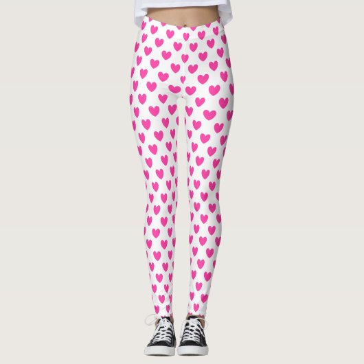 Fuchsienrosa Polka-Herzen auf weiß Leggings (Vorderseite)