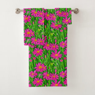Fuchsienrosa Wildblumen in einem Feld Badhandtuch Set