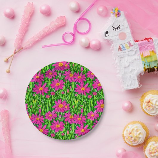 Fuchsienrosa Wildblumen in einem Feld Pappteller (Party)