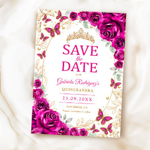 Fuchsienrotes Gold Blumen Quinceanera Save The Date