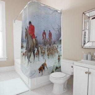 Fuchsjagd Jagdreiter und Hunde kehren nach Hause z Duschvorhang
