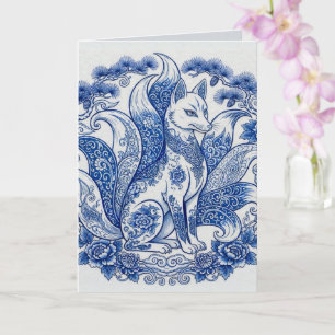 Fuchsschwanz-Kitsune Imari-Stil Blau Weiß Karte