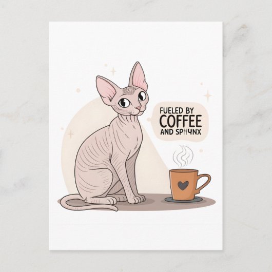 Fueled by Coffee and Sphynx Cat Illustration Postkarte (Vorderseite)