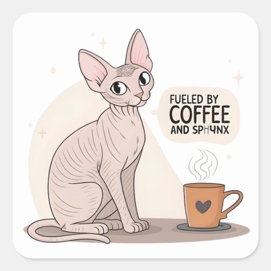 Fueled by Coffee and Sphynx Cat Illustration Quadratischer Aufkleber (Vorderseite)