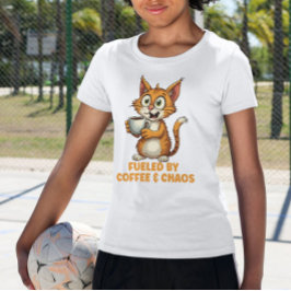 Fueled By Coffee & Chaos, Funny Cat With Coffee T-Shirt