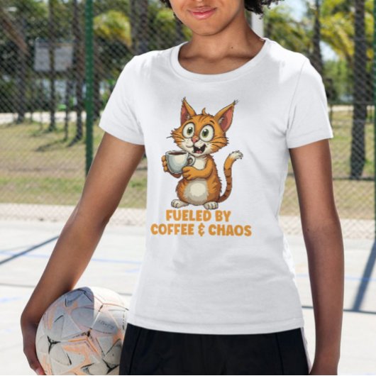 Fueled By Coffee & Chaos, Funny Cat With Coffee T-Shirt
