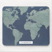 Füge Deinen Namen hinzu | Blue Linen World Map Mousepad (Vorne)