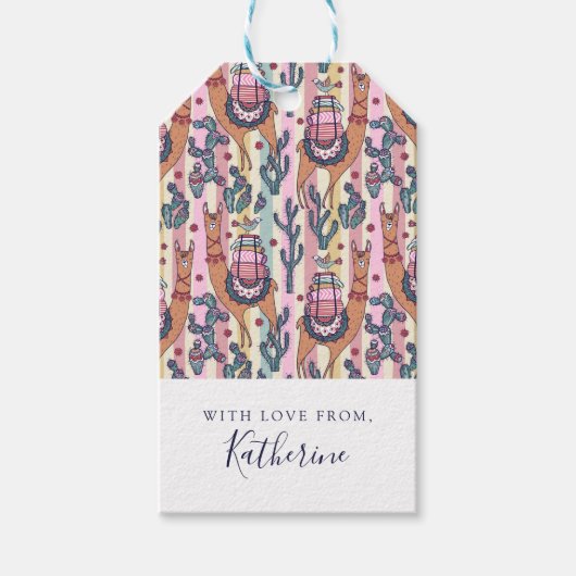 Füge Deinen Namen hinzu | Lamas auf Streifen Muste Geschenkanhänger (Vorderseite)