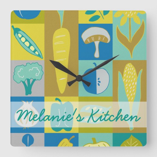 Füge Deinen Namen hinzu | Veggie Blocks II Quadratische Wanduhr (Vorderseite)