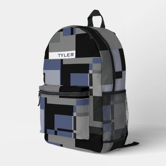 Fügen Sie den Namen Blau und Grau Abstrakte modern Bedruckter Rucksack (Rückseitige Ecke Rechts)