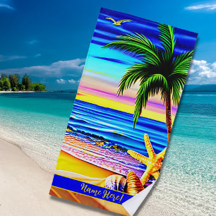 Fügen Sie den Namen Colorful Beach Waves Palm Tree Strandtuch