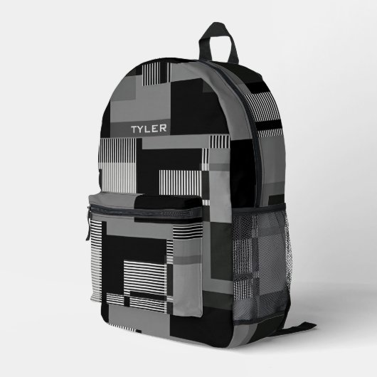 Fügen Sie den Namen Schwarz & Grau Abstrakte moder Bedruckter Rucksack (Rückseitige Ecke Rechts)