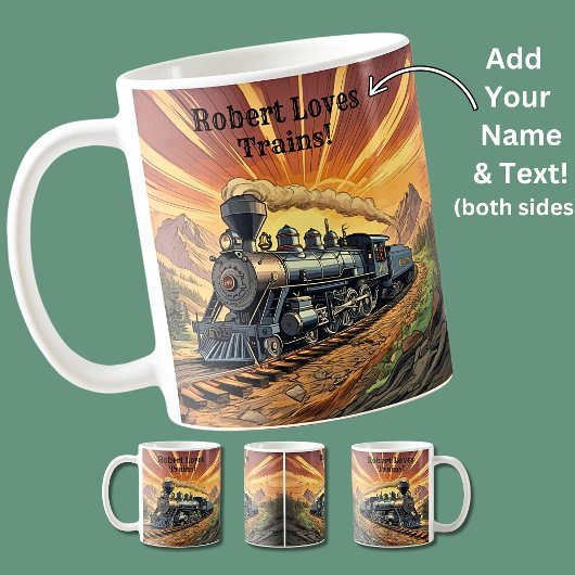 Fügen Sie den Namen Text hinzu, Dampfzug bei Sonne Kaffeetasse