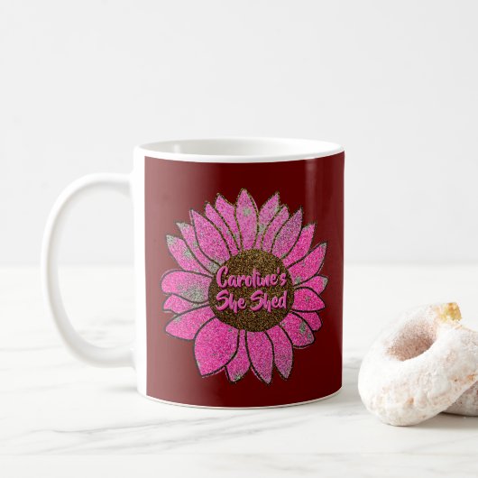 Fügen Sie den Text, den sie mit rosa Sonnenblumen Kaffeetasse (Mit Donut)