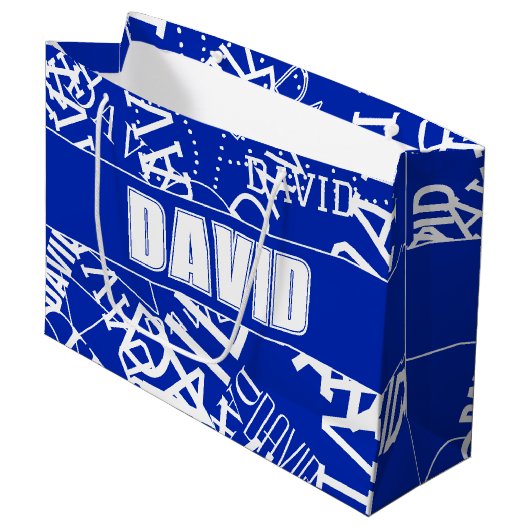 Fügen Sie einen beliebigen Namen, Namenscollage in Große Geschenktüte (Vorderseite Schrägansicht)