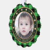 Fügen Sie Foto Buffalo Kariert & Sterne Frohe Weih Ornament Karte (Links)