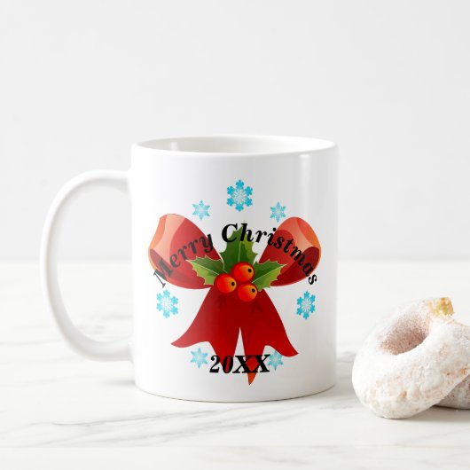 Fügen Sie Ihr Datum frohe Weihnachten Red Ribbon Kaffeetasse (Mit Donut)