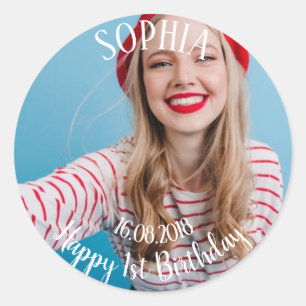 Fügen Sie Ihr eigenes Foto First Birthday Classic  Runder Aufkleber