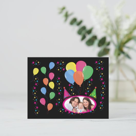 Fügen Sie Ihr eigenes Foto zu Party Hats und Ballo Postkarte (Stehend Vorderseite)