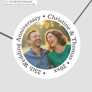 Fügen Sie Ihr eigenes Paar-Foto 25. Hochzeitstag h Runder Aufkleber