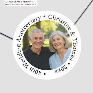 Fügen Sie Ihr eigenes Paar-Foto 40. Hochzeitstag h Runder Aufkleber