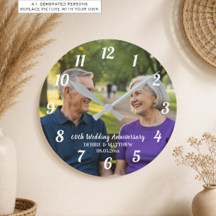 Fügen Sie Ihr eigenes Paar-Foto 60. Hochzeitstag h Runde Wanduhr