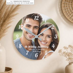 Fügen Sie Ihr eigenes Paar-Foto zum 5. Hochzeitsta Runde Wanduhr