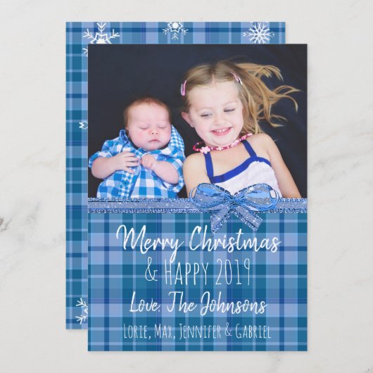 Fügen Sie Ihr Foto Blue Kariert Weihnachten Einladung (Vorne/Hinten)