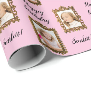 Fügen Sie Ihr FOTO und Ihren Namen Pink Birthday  Geschenkpapier