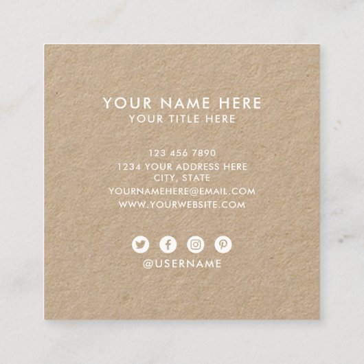 Fügen Sie Ihr Logo handgefertigtes rustikales brau Quadratische Visitenkarte (Rückseite)