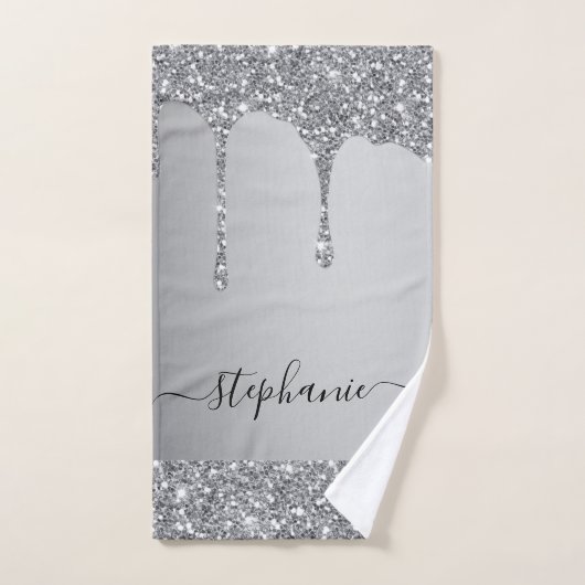 Fügen Sie Ihr Namensskript Silver Glitzer Tropfen Badhandtuch Set (Handtuch)