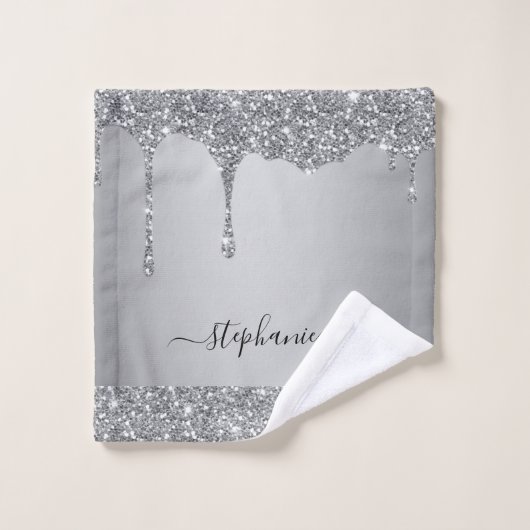 Fügen Sie Ihr Namensskript Silver Glitzer Tropfen Badhandtuch Set (Waschlappen)