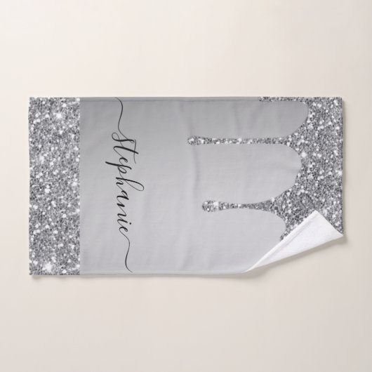 Fügen Sie Ihr Namensskript Silver Glitzer Tropfen Badhandtuch Set (Handtuch)