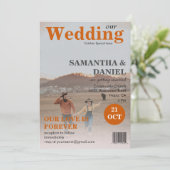 Fügen Sie Ihre 2 Foto Magazine Burnt Orange Hochze Einladung (Stehend Vorderseite)