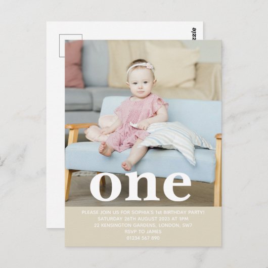 Fügen Sie Ihre eigene Foto One First Birthday Part Postkarte (Vorne/Hinten)