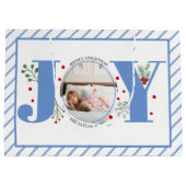 Fügen Sie Ihre Fotos blauen JOY und Streifen Große Geschenktüte (Rückseite)
