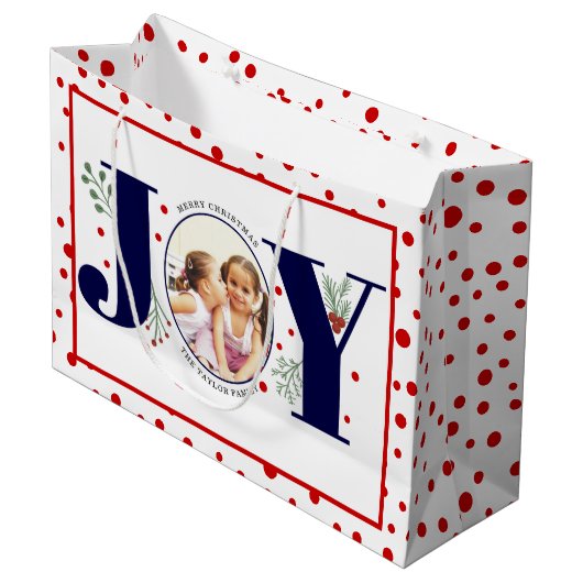 Fügen Sie Ihre Fotos marineblaue JOY und roten Pol Große Geschenktüte (Vorderseite Schrägansicht)