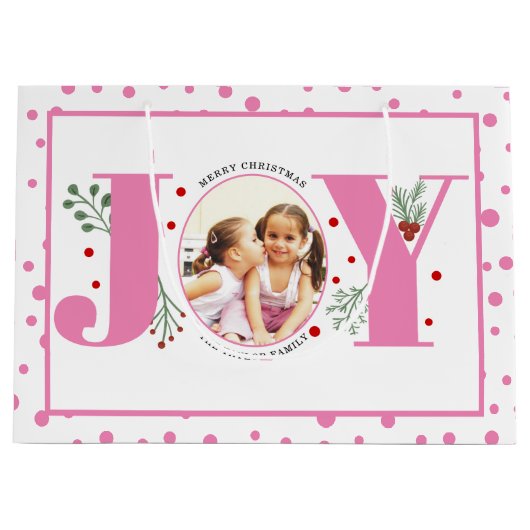 Fügen Sie Ihre Fotos rosa JOY und Polka Punkte Große Geschenktüte (Vorderseite)