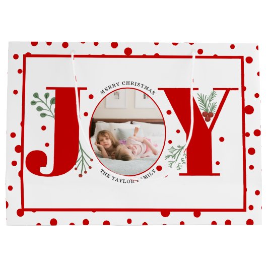 Fügen Sie Ihre Fotos roten JOY und Polka Punkte Große Geschenktüte (Rückseite)