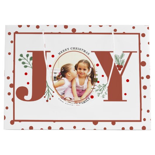 Fügen Sie Ihre Fotos Terracotta JOY, Polka Punkte Große Geschenktüte (Vorderseite)