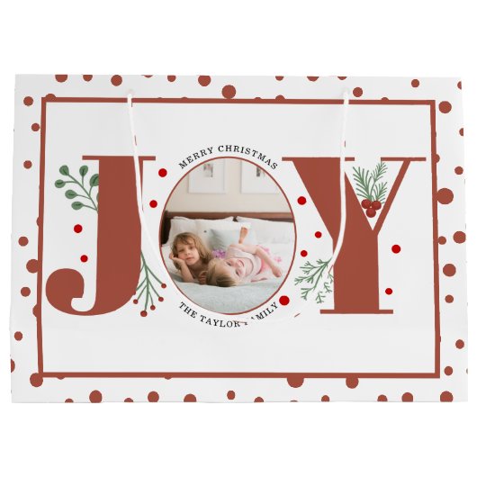 Fügen Sie Ihre Fotos Terracotta JOY, Polka Punkte Große Geschenktüte (Rückseite)