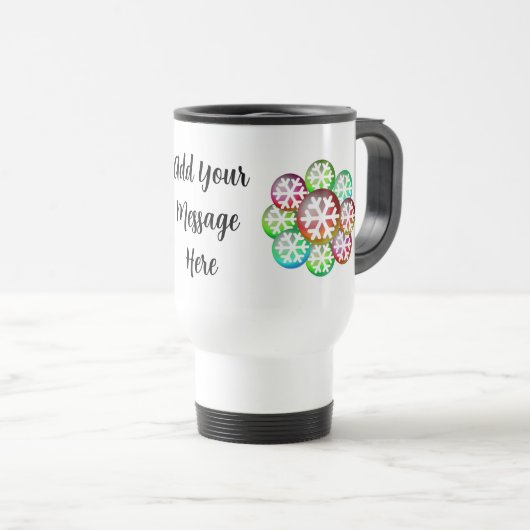 Fügen Sie Ihre Nachricht farbenfrohe Snowflake Tra Reisebecher (VorderseiteRechts)