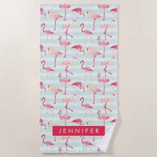 Fügen Sie Ihre Namens| Retro Flamingos auf Strandtuch (Vorderseite)