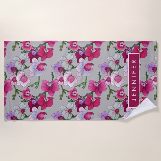 Fügen Sie Ihre Namens| rosa Orchideen in der Blüte Strandtuch (Vorderseite)