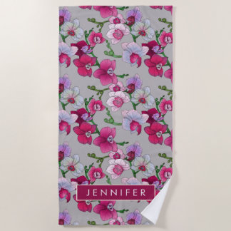 Fügen Sie Ihre Namens| rosa Orchideen in der Blüte Strandtuch